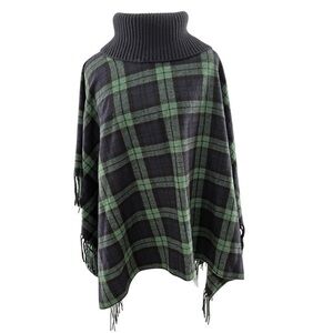 Talbots Green Blue Tartan Plaid Fronted Turtleneck Poncho Small Or OS